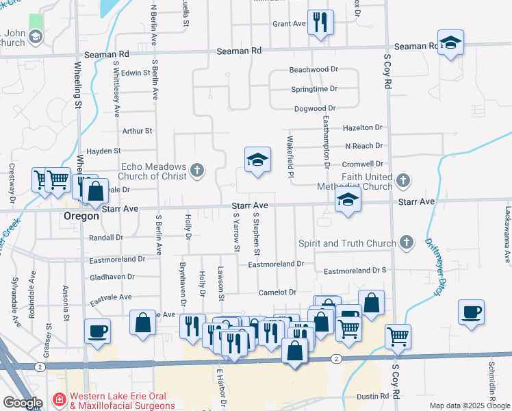 map of restaurants, bars, coffee shops, grocery stores, and more near 3025 Starr Avenue in Oregon