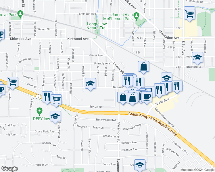 map of restaurants, bars, coffee shops, grocery stores, and more near 1438 Pine Street in Iowa City