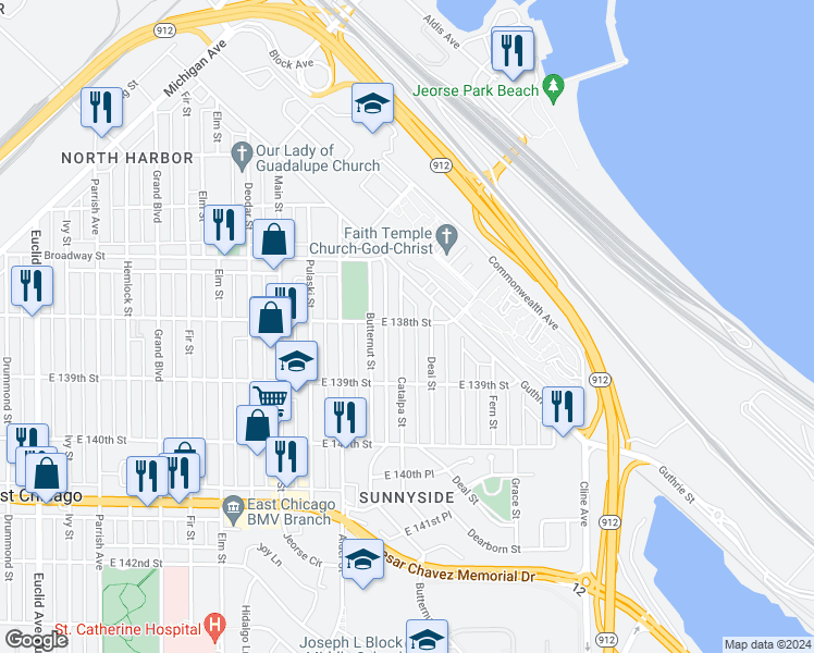map of restaurants, bars, coffee shops, grocery stores, and more near 3801 Catalpa Street in East Chicago