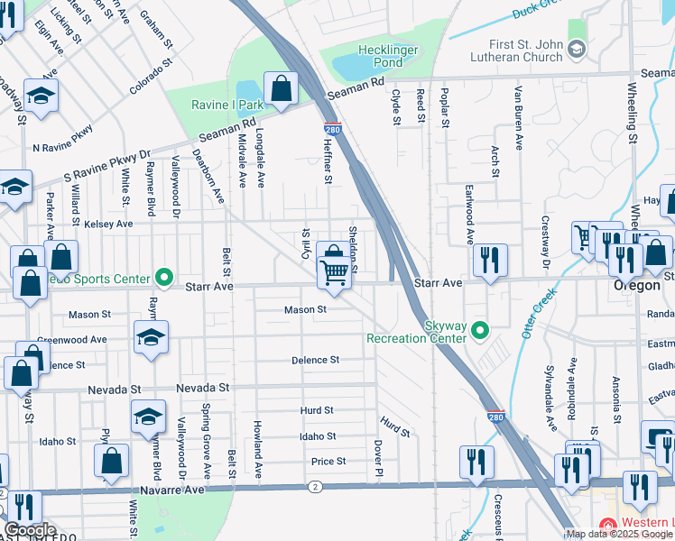 map of restaurants, bars, coffee shops, grocery stores, and more near 352 Sheldon Street in Toledo