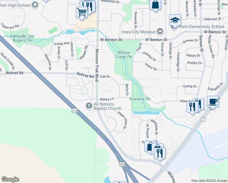 map of restaurants, bars, coffee shops, grocery stores, and more near 1242 Dolen Place in Iowa City