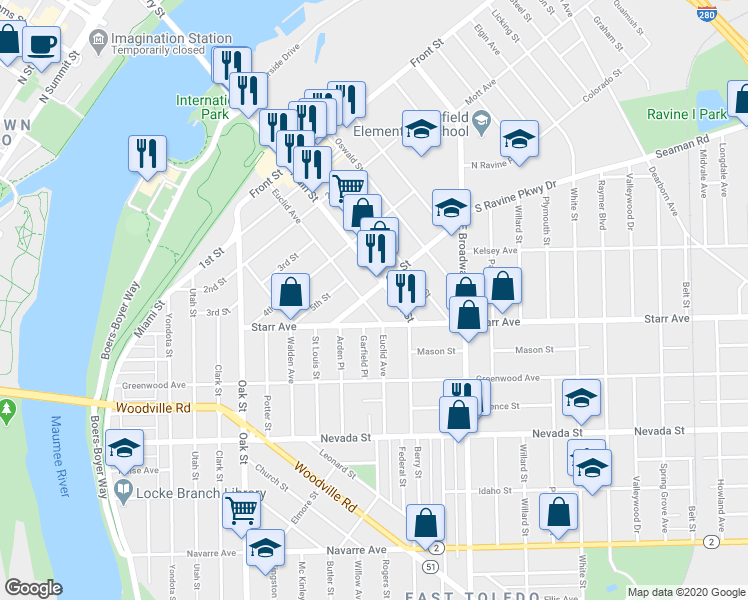 map of restaurants, bars, coffee shops, grocery stores, and more near 505 6th Street in Toledo