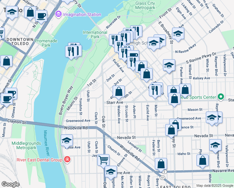 map of restaurants, bars, coffee shops, grocery stores, and more near 426 4th Street in Toledo