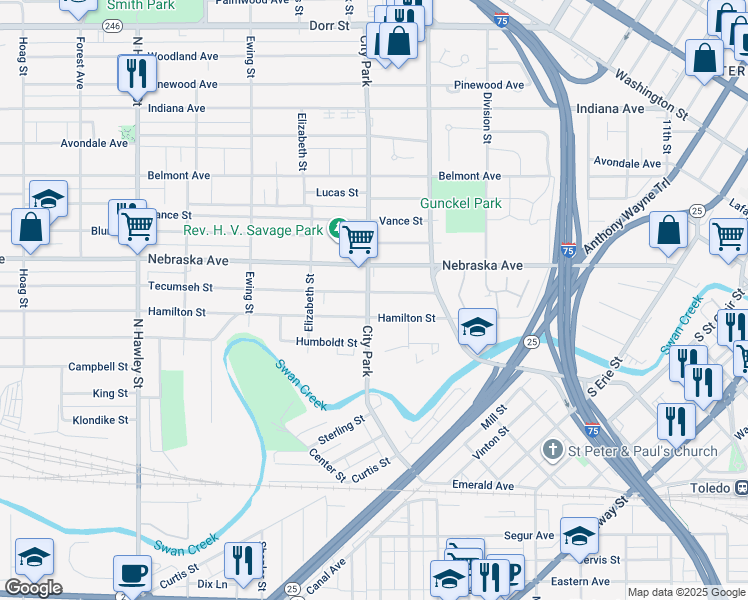 map of restaurants, bars, coffee shops, grocery stores, and more near 511 City Park Avenue in Toledo
