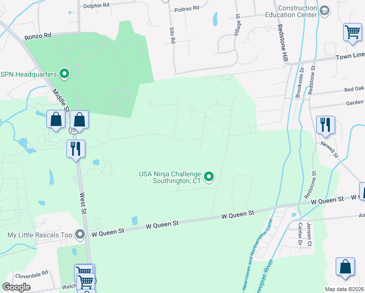 map of restaurants, bars, coffee shops, grocery stores, and more near 244 Westwood Road in Southington