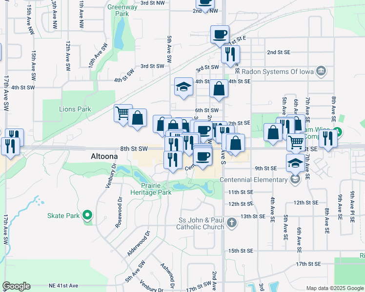 map of restaurants, bars, coffee shops, grocery stores, and more near 319 8th Street Southwest in Altoona