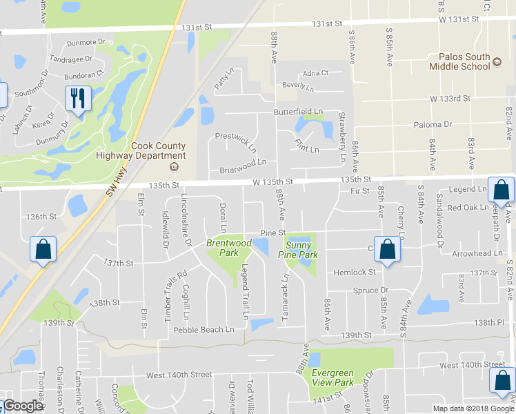 map of restaurants, bars, coffee shops, grocery stores, and more near 13530 Carefree Avenue in Orland Park