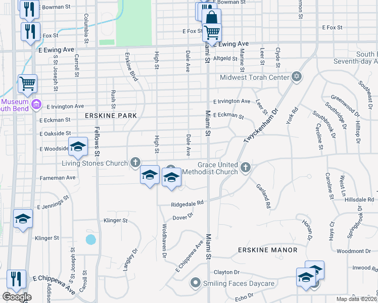 map of restaurants, bars, coffee shops, grocery stores, and more near 2948 Dale Avenue in South Bend