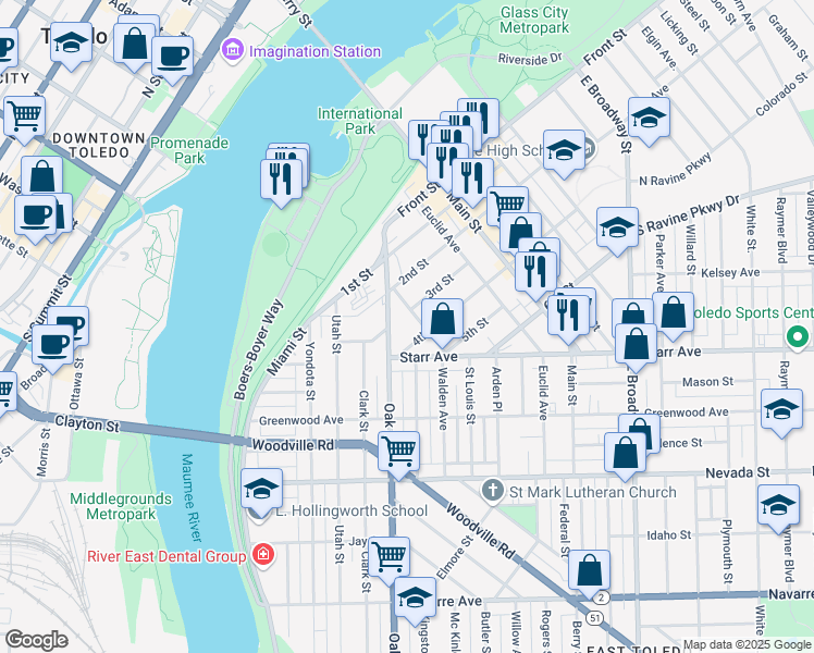 map of restaurants, bars, coffee shops, grocery stores, and more near 310 Steadman Street in Toledo
