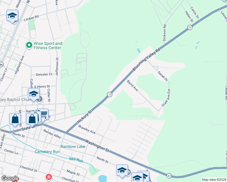 map of restaurants, bars, coffee shops, grocery stores, and more near 20443-20499 Blooming Valley Road in Meadville