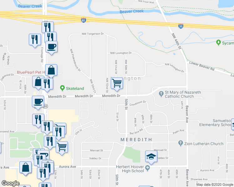 map of restaurants, bars, coffee shops, grocery stores, and more near 5085 Meredith Drive in Des Moines