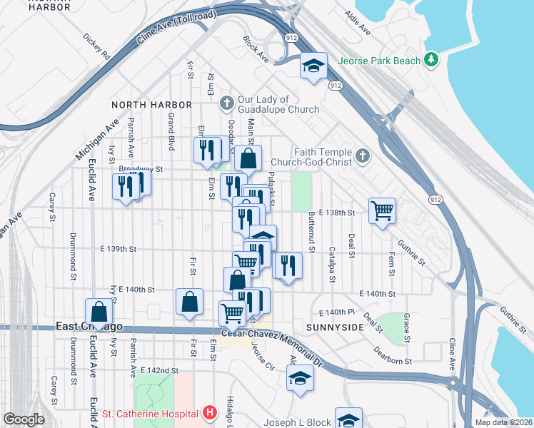 map of restaurants, bars, coffee shops, grocery stores, and more near 2202 East 138th Street in East Chicago
