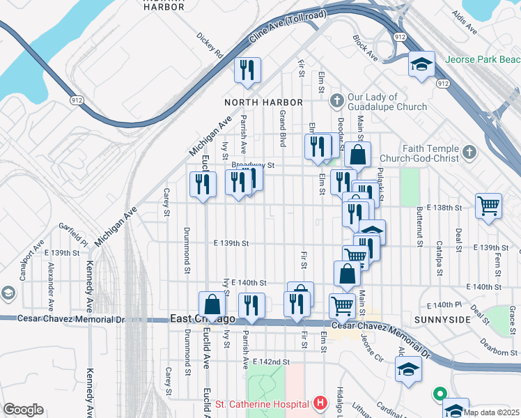 map of restaurants, bars, coffee shops, grocery stores, and more near 3736 Hemlock Street in East Chicago