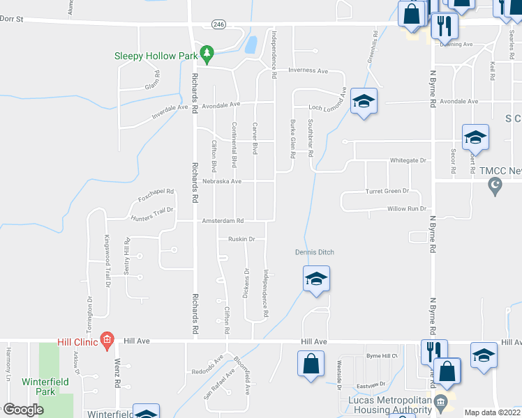 map of restaurants, bars, coffee shops, grocery stores, and more near 516 Carver Boulevard in Toledo