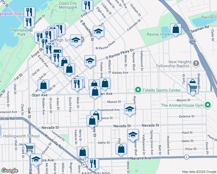 map of restaurants, bars, coffee shops, grocery stores, and more near 356 Willard Street in Toledo