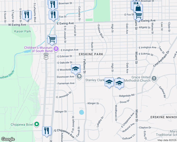 map of restaurants, bars, coffee shops, grocery stores, and more near 502-506 East Woodside Street in South Bend