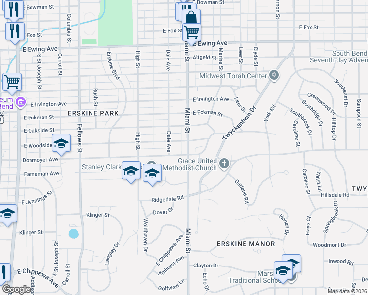 map of restaurants, bars, coffee shops, grocery stores, and more near 2901-2913 Miami Street in South Bend