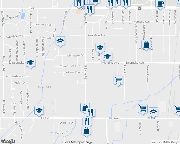 map of restaurants, bars, coffee shops, grocery stores, and more near 3425 Nebraska Avenue in Toledo