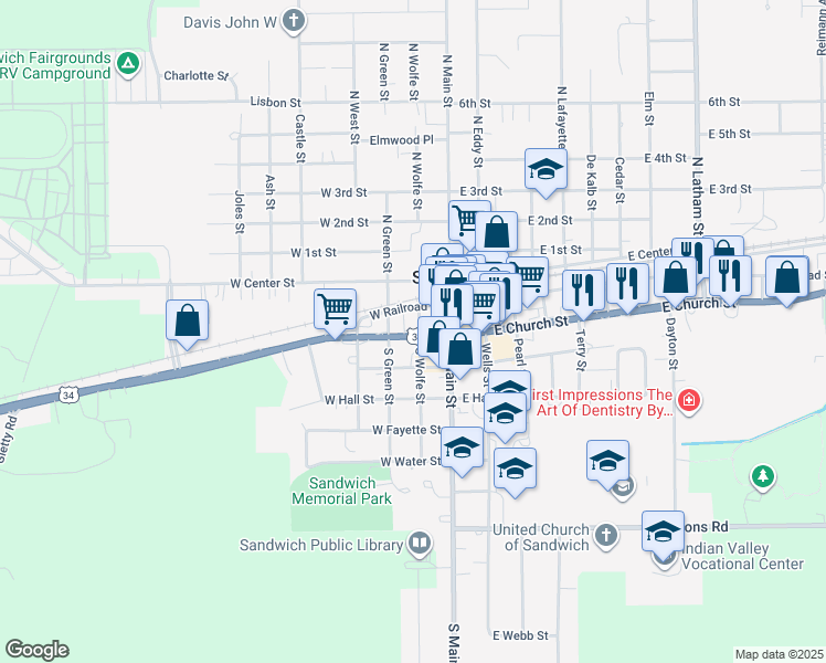 map of restaurants, bars, coffee shops, grocery stores, and more near 109 South Wolfe Street in Sandwich