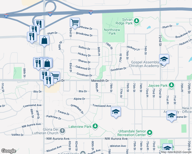 map of restaurants, bars, coffee shops, grocery stores, and more near 4605 80th Place in Urbandale