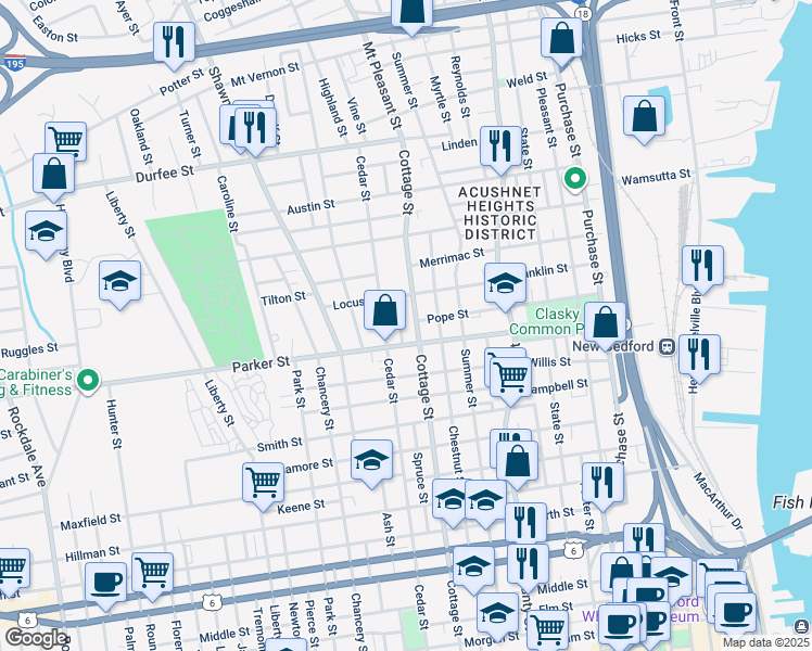 map of restaurants, bars, coffee shops, grocery stores, and more near 357 Pope Street in New Bedford