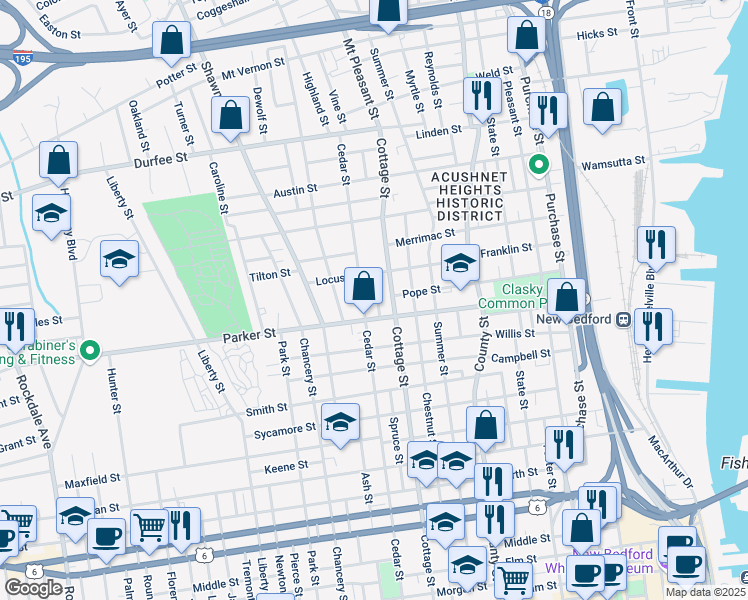 map of restaurants, bars, coffee shops, grocery stores, and more near 297R Cedar Street in New Bedford