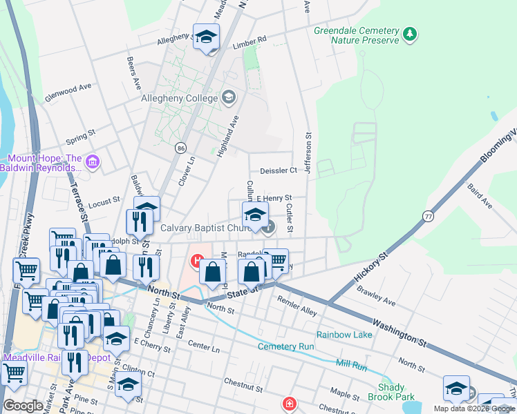 map of restaurants, bars, coffee shops, grocery stores, and more near 637 Cullum Street in Meadville