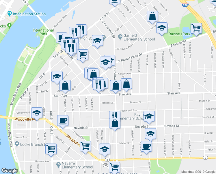 map of restaurants, bars, coffee shops, grocery stores, and more near 645 Platt Street in Toledo