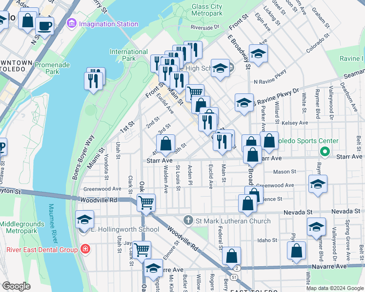 map of restaurants, bars, coffee shops, grocery stores, and more near 456 5th Street in Toledo