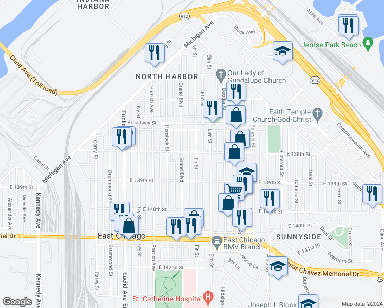 map of restaurants, bars, coffee shops, grocery stores, and more near 3735 Fir Street in East Chicago