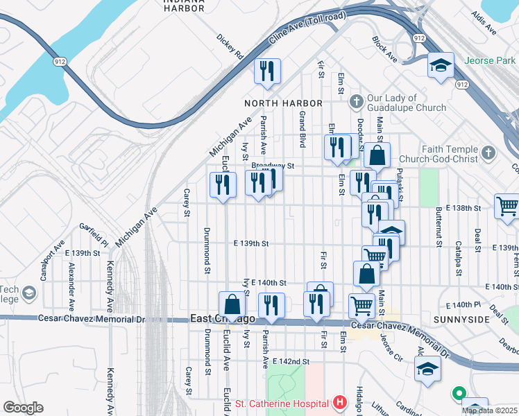map of restaurants, bars, coffee shops, grocery stores, and more near 3735 Ivy Street in East Chicago