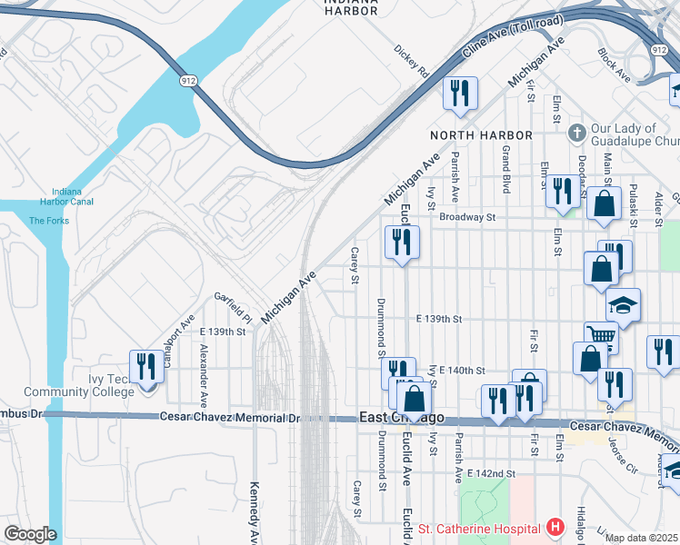 map of restaurants, bars, coffee shops, grocery stores, and more near 1119 East 138th Street in East Chicago