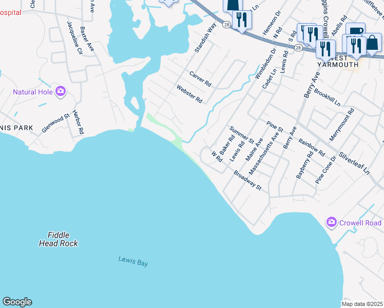 map of restaurants, bars, coffee shops, grocery stores, and more near 13 Bay Road in Yarmouth