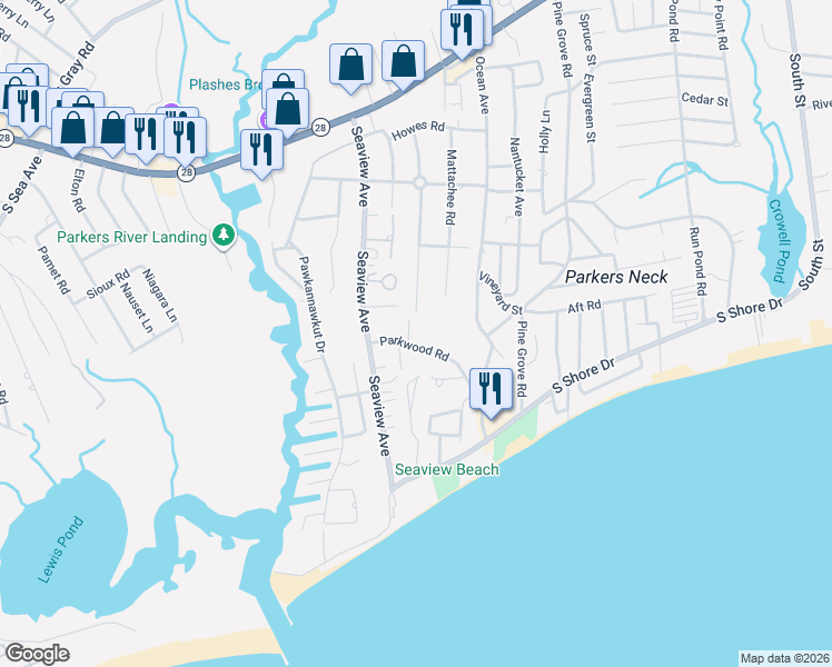 map of restaurants, bars, coffee shops, grocery stores, and more near 6 Parkwood Court in Yarmouth