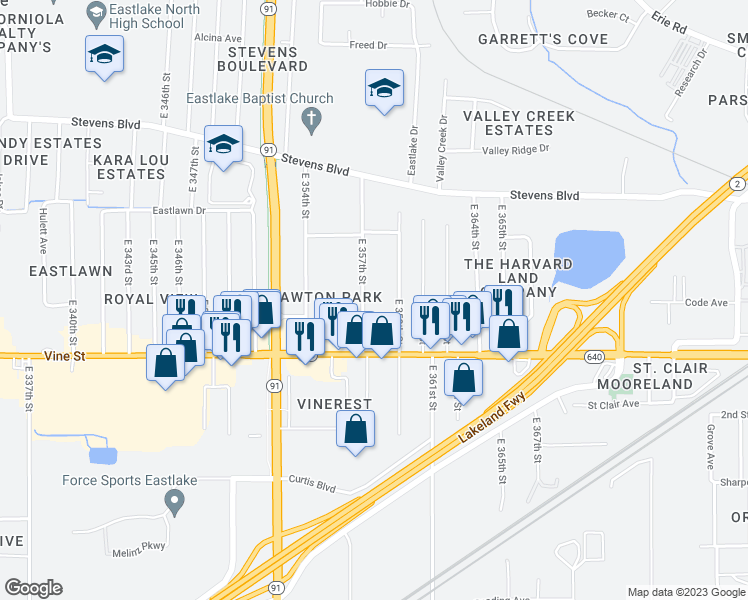 map of restaurants, bars, coffee shops, grocery stores, and more near 1309 East 357th Street in Eastlake