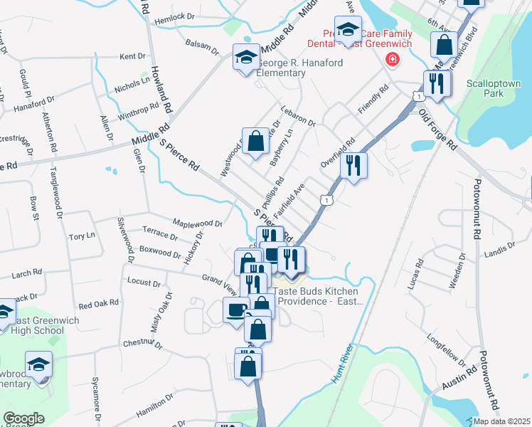 map of restaurants, bars, coffee shops, grocery stores, and more near 67 South Pierce Road in East Greenwich