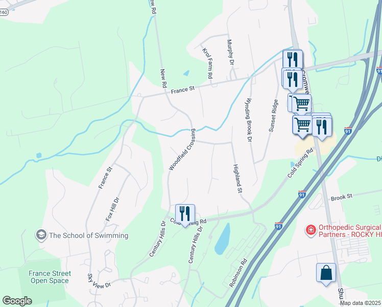 map of restaurants, bars, coffee shops, grocery stores, and more near 148 Woodfield Crossing in Rocky Hill