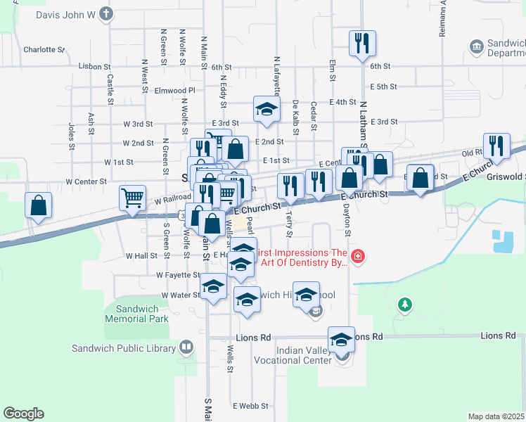 map of restaurants, bars, coffee shops, grocery stores, and more near 222 East Church Street in Sandwich
