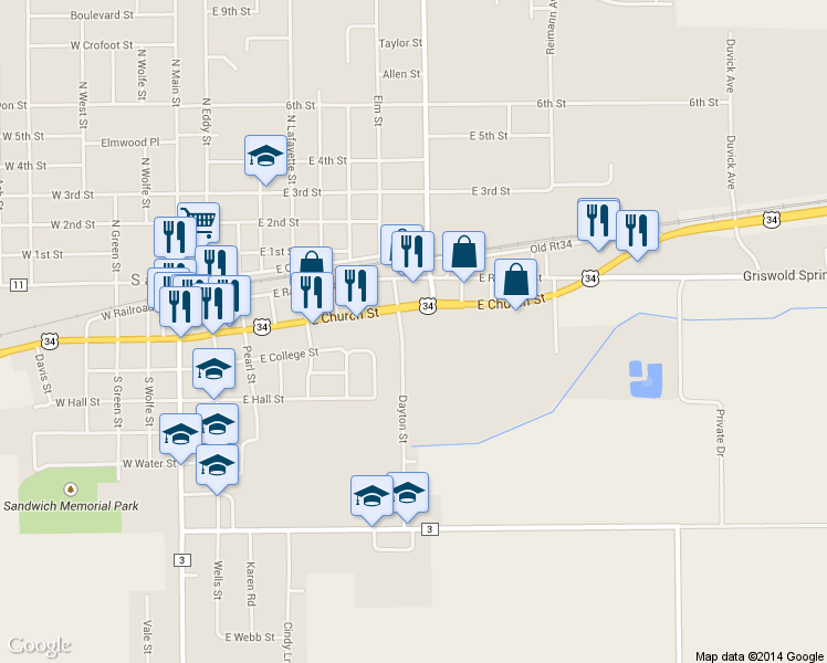 map of restaurants, bars, coffee shops, grocery stores, and more near 714 East Church Street in Sandwich