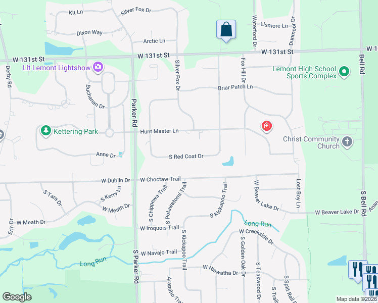 map of restaurants, bars, coffee shops, grocery stores, and more near 13516 South Red Coat Drive in Lemont