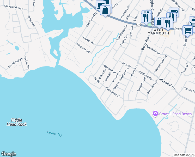 map of restaurants, bars, coffee shops, grocery stores, and more near 109 Baker Road in Yarmouth