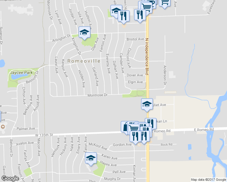 map of restaurants, bars, coffee shops, grocery stores, and more near 401 Everette Avenue in Romeoville