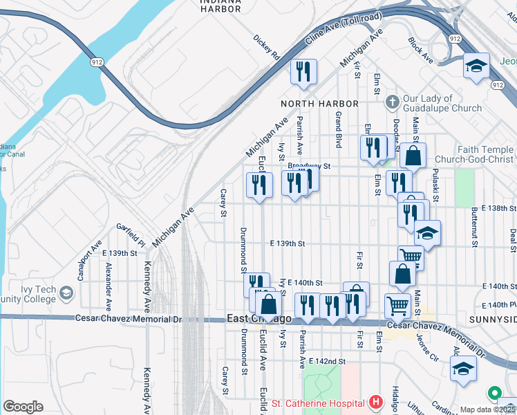 map of restaurants, bars, coffee shops, grocery stores, and more near 3802 Euclid Avenue in East Chicago