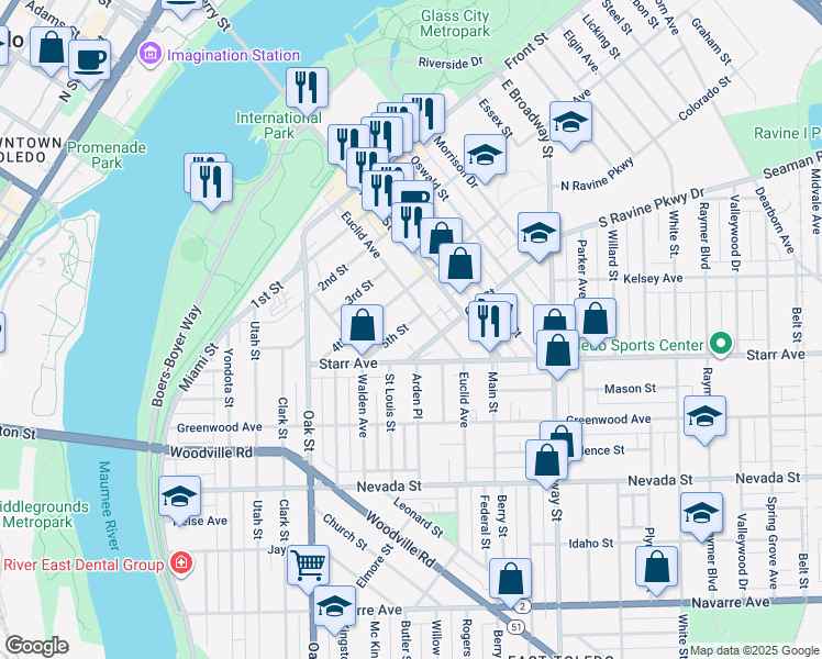 map of restaurants, bars, coffee shops, grocery stores, and more near 456 5th Street in Toledo