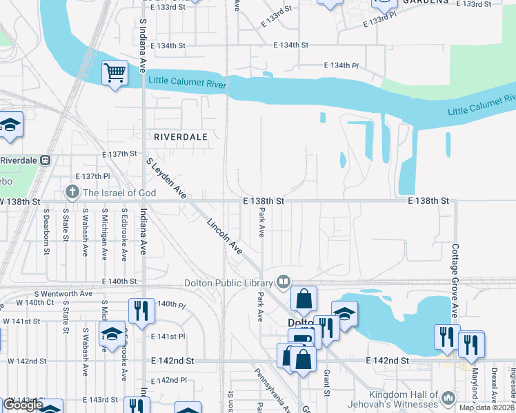 map of restaurants, bars, coffee shops, grocery stores, and more near 13804 Park Avenue in Dolton