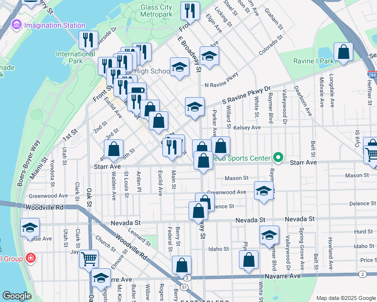 map of restaurants, bars, coffee shops, grocery stores, and more near 649 Platt Street in Toledo