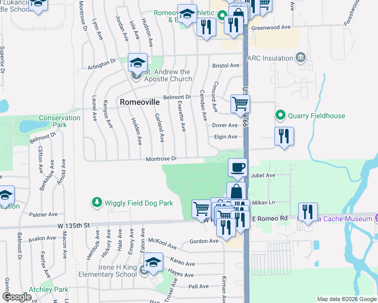 map of restaurants, bars, coffee shops, grocery stores, and more near 401 Everette Avenue in Romeoville