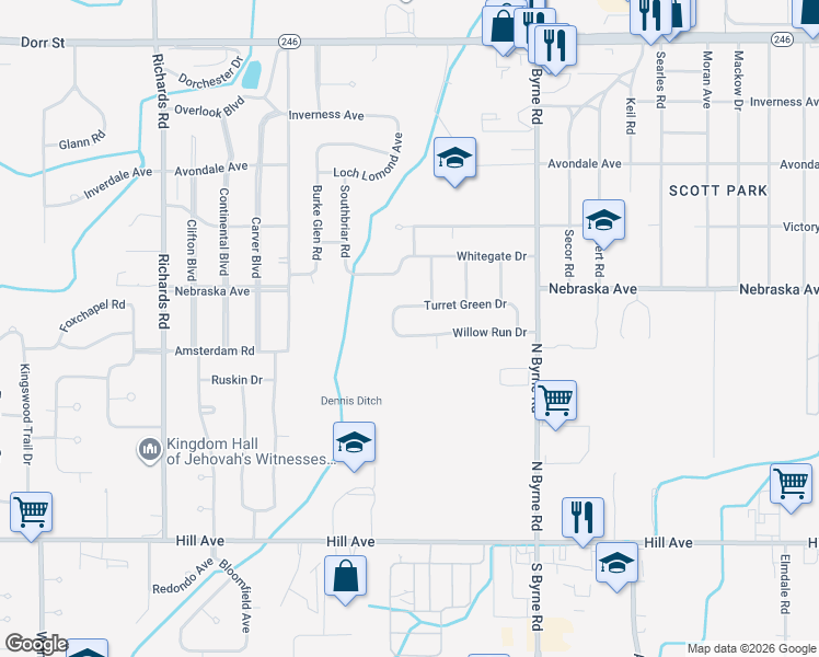 map of restaurants, bars, coffee shops, grocery stores, and more near 3704 Willow Run Drive in Toledo