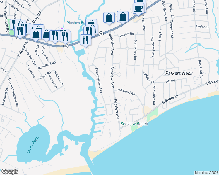 map of restaurants, bars, coffee shops, grocery stores, and more near 109 Seaview Avenue in Yarmouth