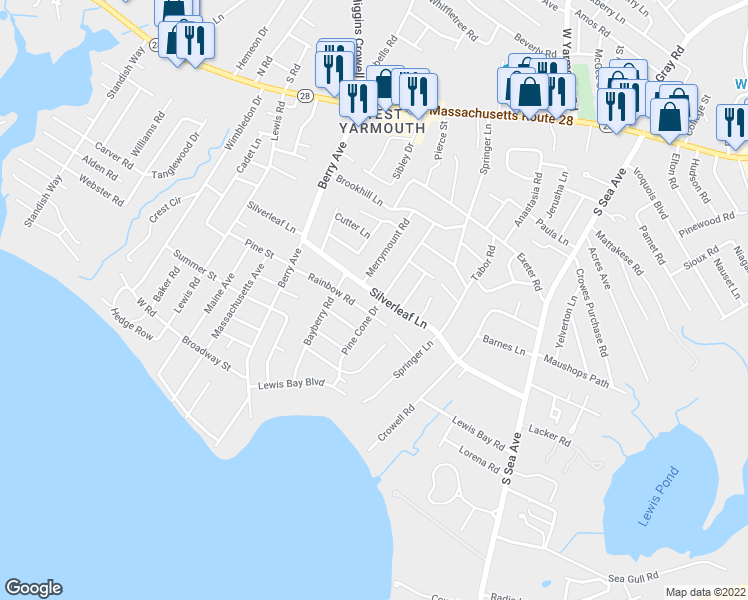 map of restaurants, bars, coffee shops, grocery stores, and more near 55 Pine Cone Drive in Yarmouth